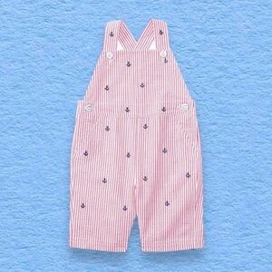 Ralph Lauren Striped Cotton Seersucker Anchor Embroidered Jumper Overalls